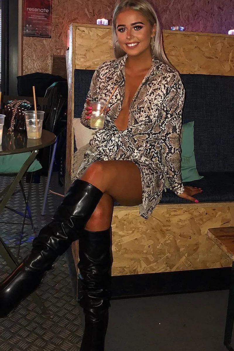 Beige Snake Print Tie Front Plunge Wrap Shirt Dress - Bexlee