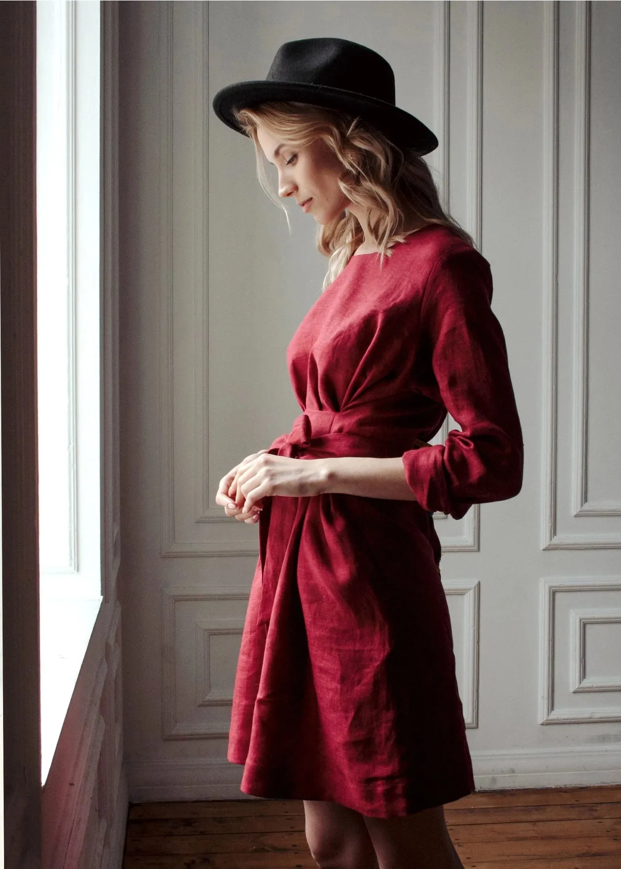 Burgundy Wrap Linen Belted Bridesmaid Dress