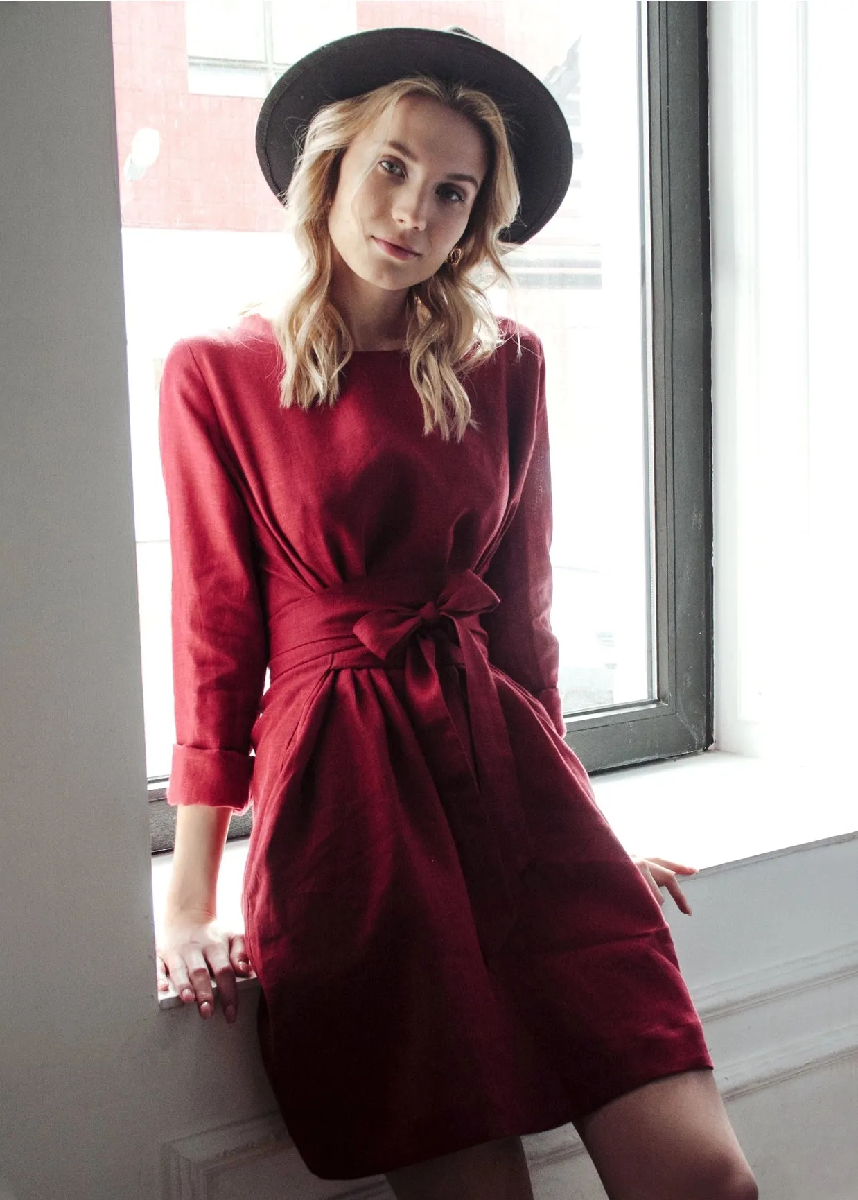 Burgundy Wrap Linen Belted Bridesmaid Dress
