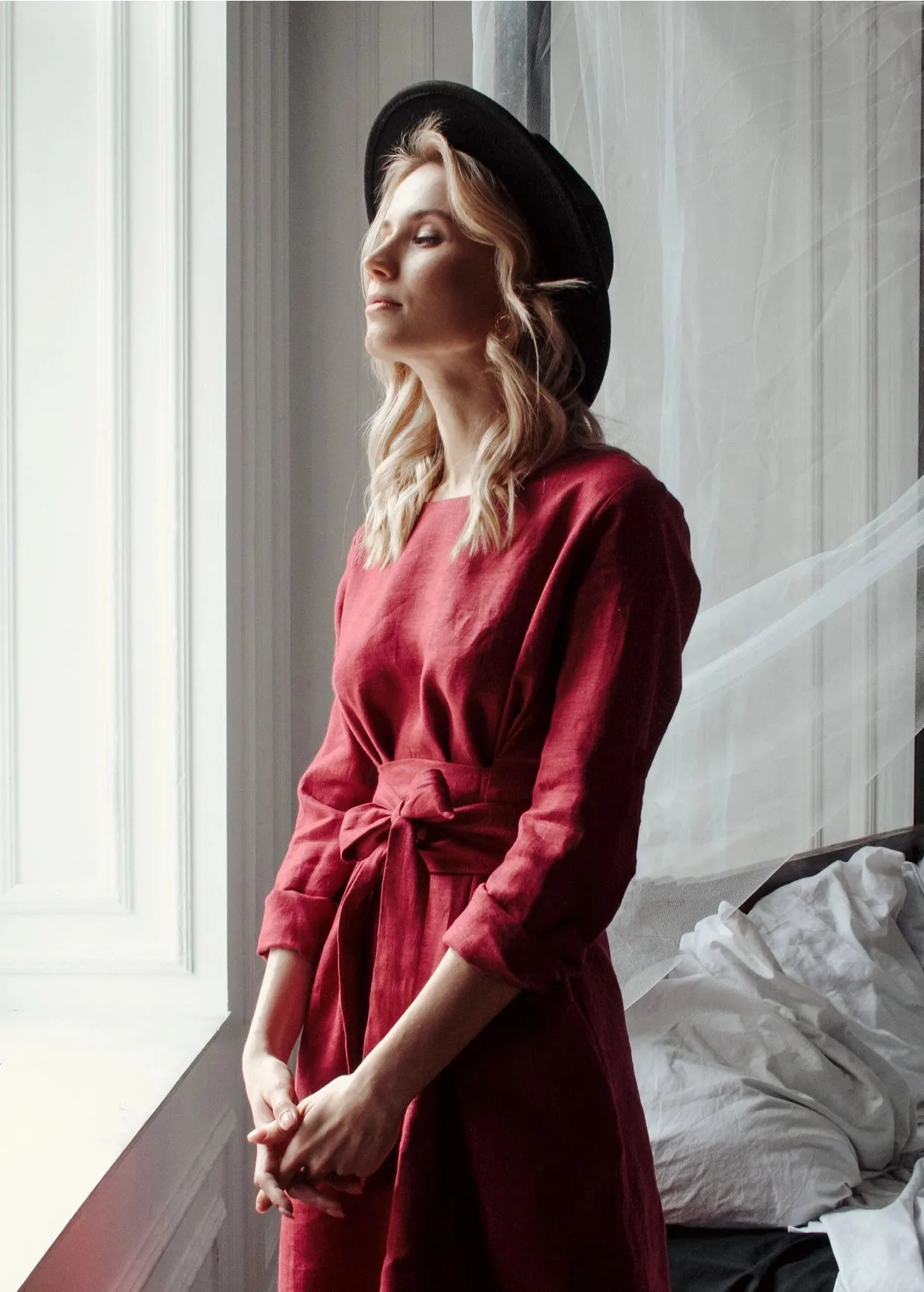 Burgundy Wrap Linen Belted Bridesmaid Dress