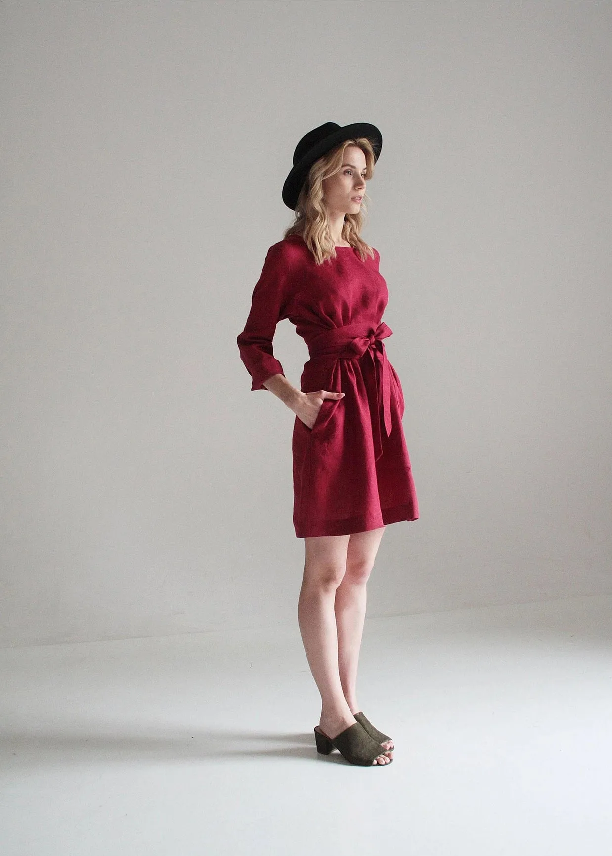 Burgundy Wrap Linen Belted Bridesmaid Dress