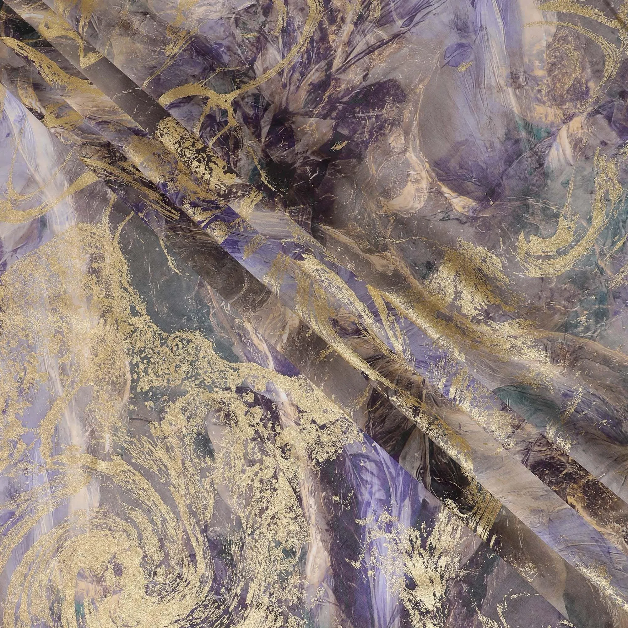 Multicolor Premium Pure Italian cotton voile fabric with golden foil print in abstract design-D15707