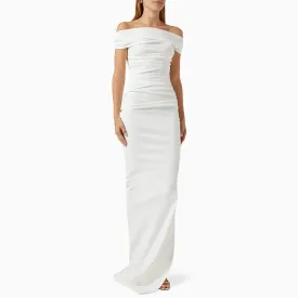 Solid Elegant Slimming Dresses For Women Slash Neck Short Sleeve High Waist Off Shoulder Temperament Dress Female Fashion