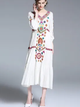 Spring Floral V-Neck Half Sleeve Loose Midi Dress