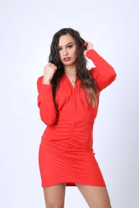 Structured Plunge Neck Dress in Red