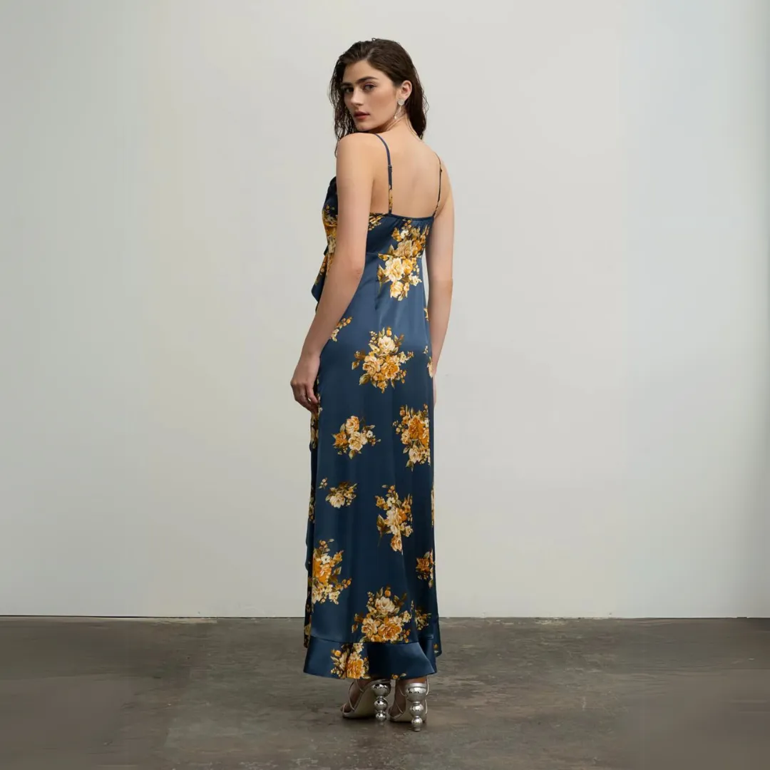 Teal Floral Sleeveless Ruffle Wrap Maxi Dress