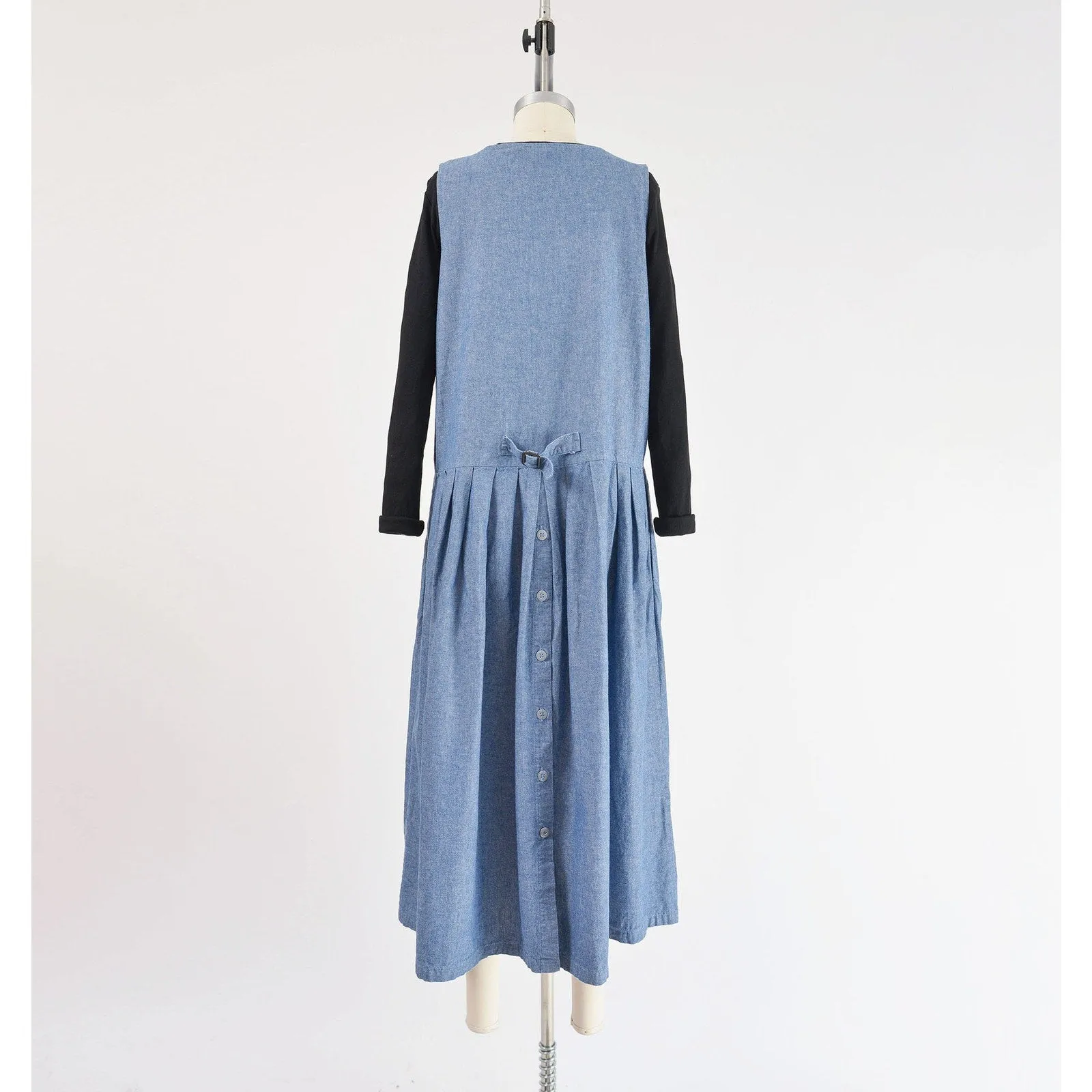 Vintage 80s Blue Chambray Cotton Pinafore Drop Waist Maxi Dress with Pockets size M