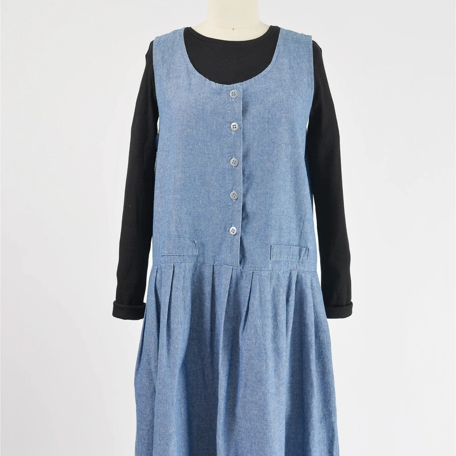 Vintage 80s Blue Chambray Cotton Pinafore Drop Waist Maxi Dress with Pockets size M
