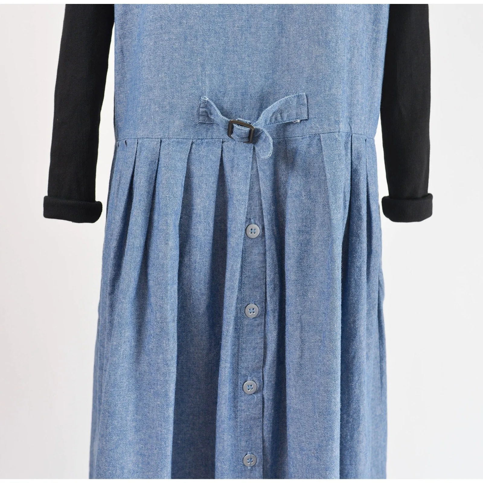 Vintage 80s Blue Chambray Cotton Pinafore Drop Waist Maxi Dress with Pockets size M