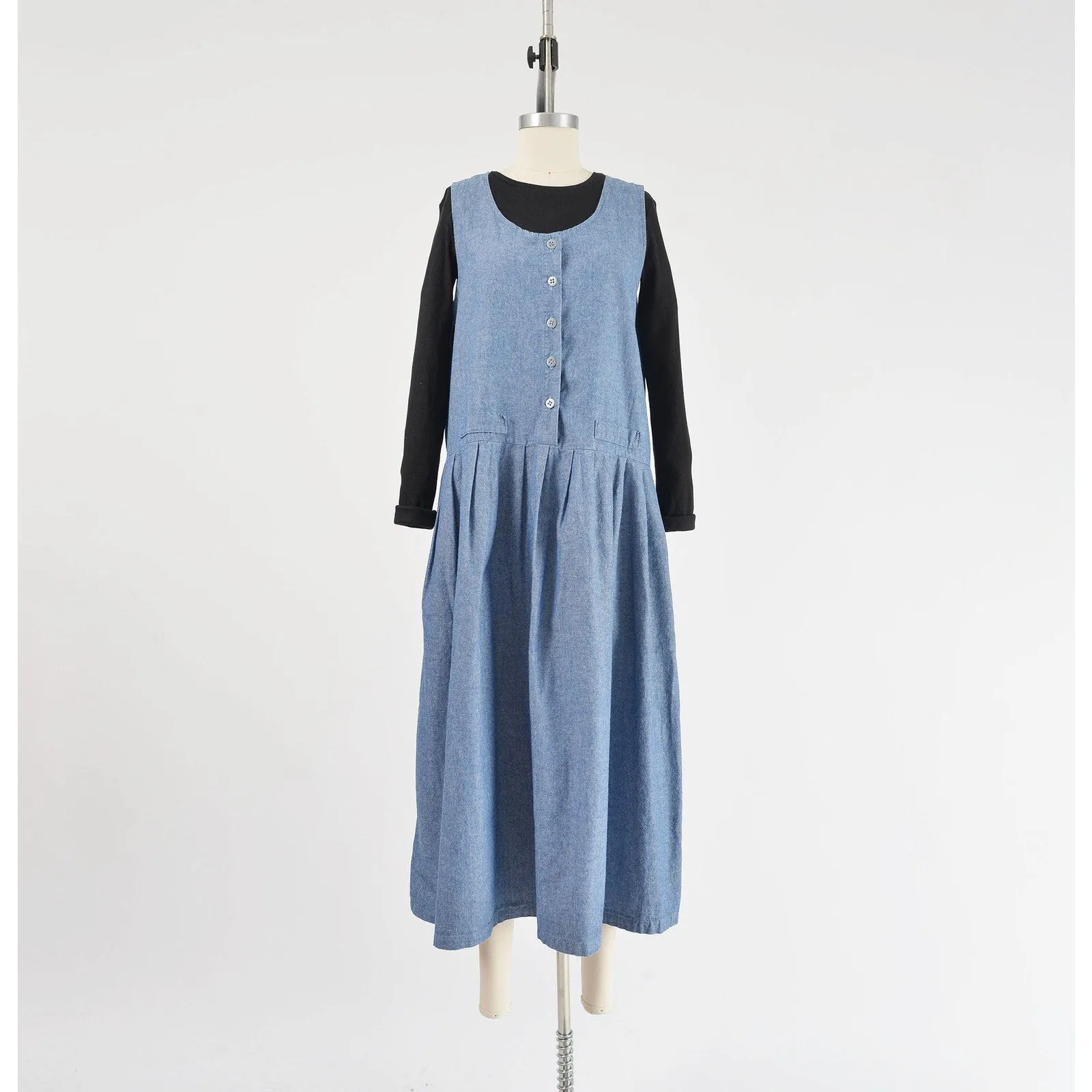 Vintage 80s Blue Chambray Cotton Pinafore Drop Waist Maxi Dress with Pockets size M
