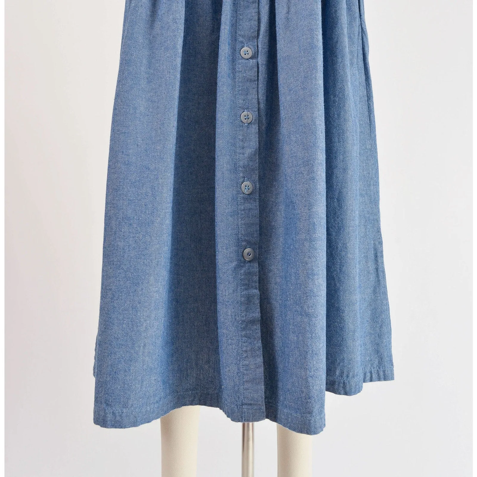 Vintage 80s Blue Chambray Cotton Pinafore Drop Waist Maxi Dress with Pockets size M
