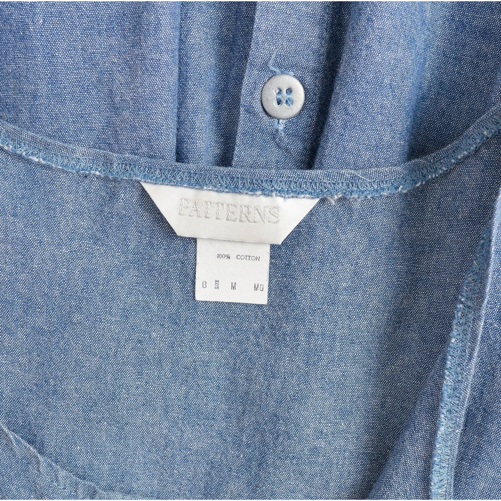 Vintage 80s Blue Chambray Cotton Pinafore Drop Waist Maxi Dress with Pockets size M
