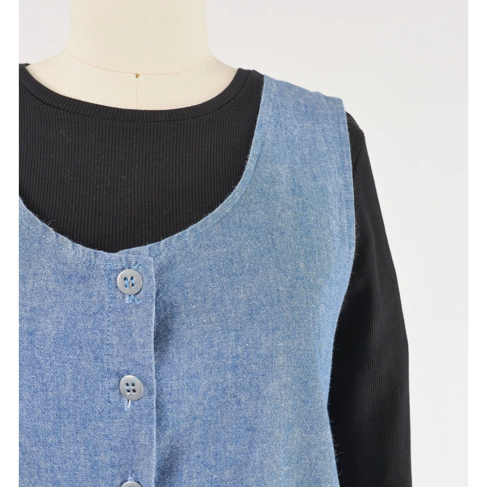 Vintage 80s Blue Chambray Cotton Pinafore Drop Waist Maxi Dress with Pockets size M