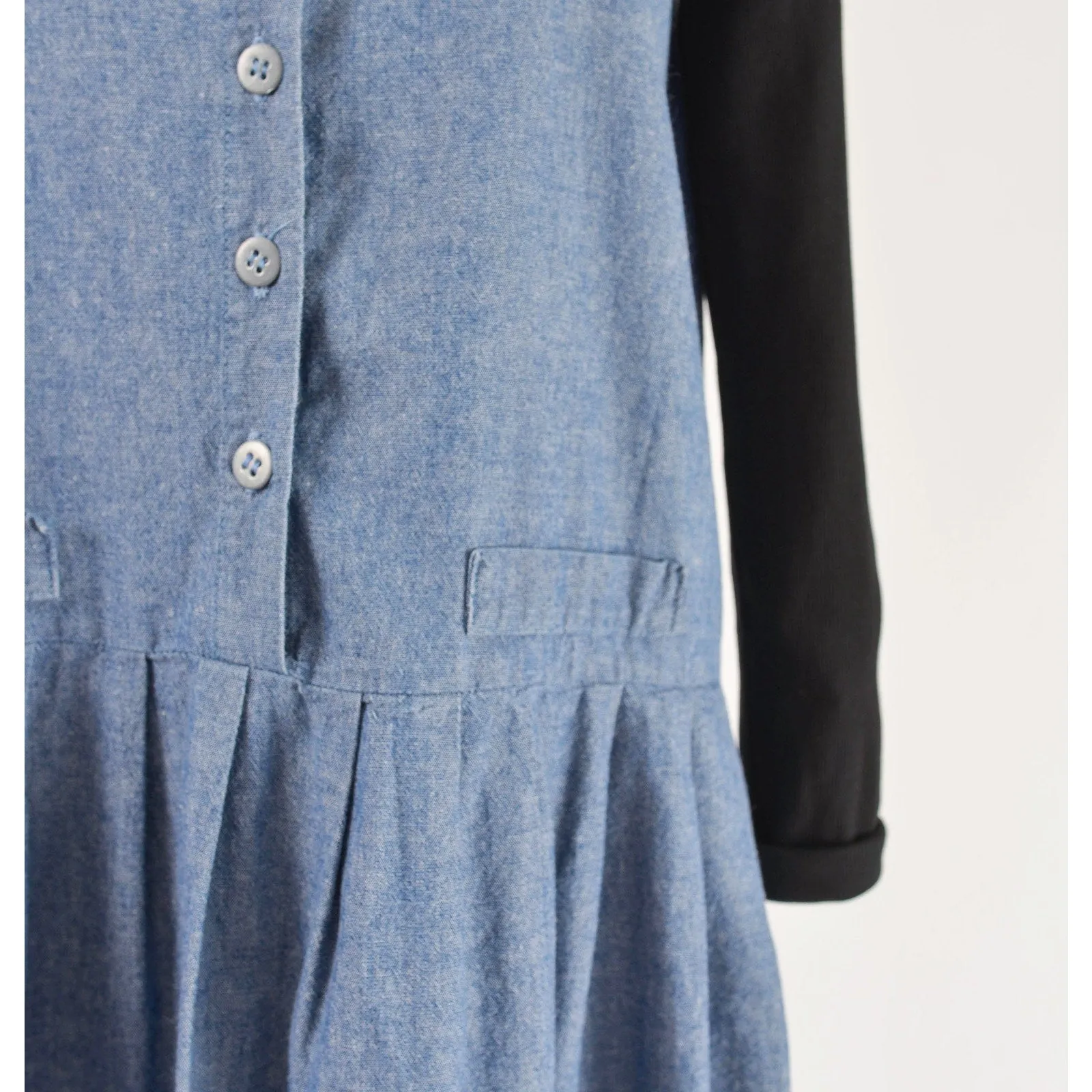 Vintage 80s Blue Chambray Cotton Pinafore Drop Waist Maxi Dress with Pockets size M