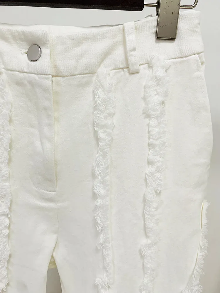 Women's White Denim Fringe Tassel Blazer with Padded Shoulders   Flare Trousers