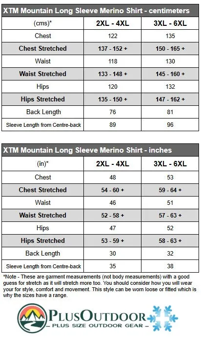 XTM Mountain Merino Wool Men’s Long Sleeve Black Size 2XL-6XL